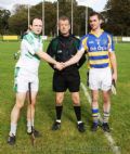 Con Magees Glenravel Captain Willy Hughes, St.Mary's Rasharkin Captain Thomas McMullan with Referee Liam Donnelly (All Saints Ballymena)